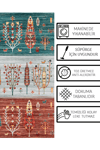 Alpin Home New Age Yıkanabilir Etnik Figürlü Bordo Gri Turkuaz Renk Dokuma Taban Kaymaz Kilim 