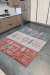 Alpin Home New Age Yıkanabilir Etnik Figürlü Bordo Gri Turkuaz Renk Dokuma Taban Kaymaz Kilim 