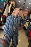 Crop Boy Dikey Çizgili Denim Ceket