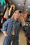 Crop Boy Dikey Çizgili Denim Ceket