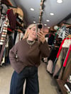Kahve Oversize İspanyol Kol Basic T-Shirt