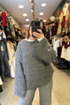 Kendinden Dokulu Oversize Triko Kazak - gri