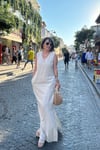 Keten Basic Yırtmaçlı Keten Elbise -Bej