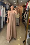 Modal Kumaş Askılı Elbise Camel