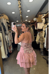 Pembe Çiçek Desen Korse Elbise