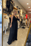 Sırt Dekolteli Deri Askılı Elbise