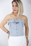 0728 YAKA KEMER DETAY, DENİM STRAPLEZ BLUZ