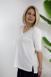 304 V YAKA, YAKA VE KOL UCU SİMLİ TÜL GEÇİŞLİ KISA KOL BLUZ