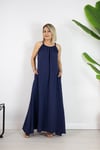 452-02 CHARA, BOYUN VE KOL ÖRGÜ DETAY, YIRTMAÇLI UZUN MÜSLİN ELBİSE