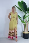 6001 BEL DEKOLTE, BONCUKLU, KRUVAZE, ASTARLI DESENLİ ELBİSE