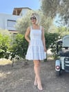634 ASKI VE GÖĞÜS DETAYLI, MAVİ DESENLİ, ASTARLI ELBİSE