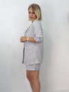 656 Çizgili, Ceketli, Şortlu, Keten Takım
