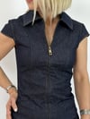 8172 Önden Fermuarlı, Bel Oturtmalı, Polo Yaka, Denim Elbise