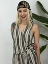 8417 Asimetrik Yelekli, Balon Pantolonlu, Çizgili, Tasarım, Keten Takım