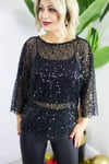 9380 KAYIK YAKA, YARASA KOL, PUL PAYET, FİLE BLUZ