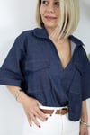 9878 KISA KOL, YAKALI, CEP DETAY, CROP JEAN BLUZ