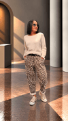 Bej,Leopar Desen Kemerli Pantolon