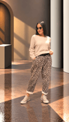 Bej,Leopar Desen Kemerli Pantolon