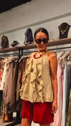 Camel,Önü Fırfırlı Askılı Keten Bluz