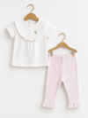 KD63021.ÇİÇEK NAKIŞLI TİŞÖRT PANTOLON TAKIM 6-9/9-12/18-24/24-36AY