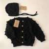 Popcorn Cardigan × Bonnet Set, Black