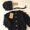 Popcorn Cardigan × Bonnet Set, Black