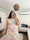 HALTER YAKA PEMBE DESENLİ ELBİSE 