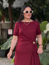 RUBINA Broş Detay Elbise Bordo