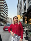Kırmızı Gold Düğme Örme Hırka