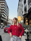 Kırmızı Gold Düğme Örme Hırka