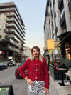 Kırmızı Gold Düğme Örme Hırka