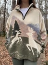 Ekru Fermuarlı Geyik Desenli Polar Sweatshirt 