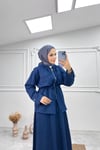 Camelya Premium Ham Keten Kumaş Etek Ceket 2'li Tesettür Takım Lacivert