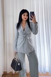 Bel Bağlama Detaylı Blazer Ceket - Gri
