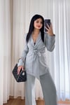 Bel Bağlama Detaylı Blazer Ceket - Gri