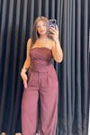 Bordo Straplez Crop Pantolon Takım