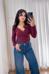 Dantel Şeritli Uzun Kol Body - Bordo