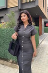 Drapeli Tasarım Denim Midi Elbise
