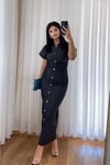 Drapeli Tasarım Denim Midi Elbise