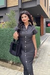 Drapeli Tasarım Denim Midi Elbise