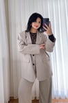 İnce Çizgili Oversize Blazer Ceket - Bej