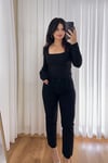 Siyah Kare Yaka Pamuklu Uzun Kol Bluz