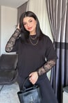 Siyah Oversize Kolları Dantelli Tshirt - Siyah