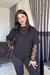 Siyah Oversize Kolları Dantelli Tshirt - Siyah