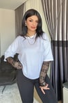 Siyah Oversize Kolları Dantelli Tshirt - Beyaz