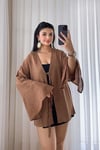 Yarasa Kol Keten Kimono - Kahve