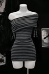 Antrasit Siyah Çizgili Omuz Dekolteli Kısa Kollu Bodycon Elbise