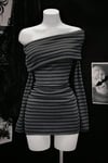 Antrasit Siyah Çizgili Omuz Dekolteli Uzun Kollu Bodycon Elbise