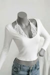 Beyaz Bağlamalı Dantelli Ekli Gotik Y2K Uzun Kollu Crop