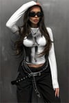 Beyaz Gotik Girl Body Y2K Uzun Kollu Crop